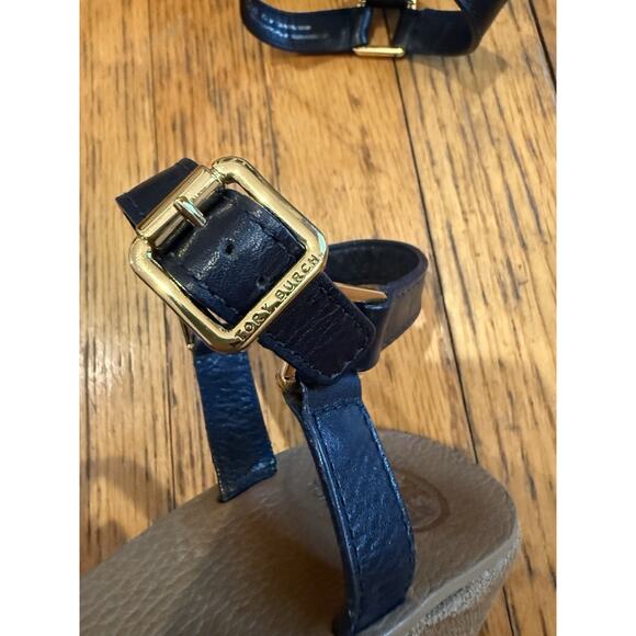 Tory Burch Wedges Size 10 Two Tone Black Leather Logo Khaki Brown Burlap EUC - Picture 6 of 8